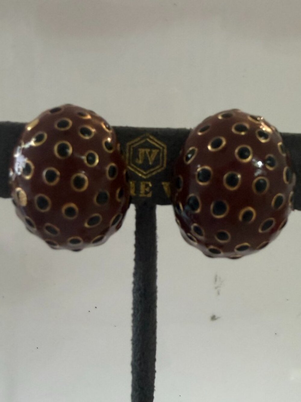 Vintage Gold Tone Earrings with Brown & Black Enamel